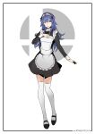  1girl absurdres alternate_costume apron bangs blue_eyes blue_hair fire_emblem full_body hair_between_eyes hand_on_own_chest highres long_hair long_sleeves lucina_(fire_emblem) maid maid_apron megumo parted_lips smash_ball solo super_smash_bros. symbol-shaped_pupils thighhighs tiara twitter_username white_legwear wrist_cuffs zettai_ryouiki 