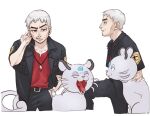  1boy alolan_form alolan_persian bangs belt black_belt black_jacket commentary_request gen_7_pokemon grey_hair hand_in_pocket hand_up island_kahuna jacket jewelry looking_at_viewer male_focus nanu_(pokemon) necklace ohhhhhhtsu open_clothes open_jacket open_mouth pants parted_lips pokemon pokemon_(creature) pokemon_(game) pokemon_sm red_eyes red_shirt shirt short_hair short_sleeves smile teeth veins 