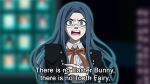  1girl bangs black_jacket blue_eyes blue_hair blurry blurry_background cheer_(cheerkitty14) collared_shirt commentary danganronpa_(series) danganronpa_v3:_killing_harmony dress_shirt english_commentary english_text glasses jacket long_hair long_sleeves looking_at_viewer megamind_(movie) meme neck_ribbon open_mouth orange_ribbon pale_skin parody parted_bangs ribbon school_uniform semi-rimless_eyewear shirogane_tsumugi shirt solo subtitled teeth upper_body white_shirt wing_collar 