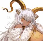  1girl alternate_costume animal_ears arknights beeswax_(arknights) beeswax_(weisser_sand)_(arknights) blush dark_skin goat_ears goat_girl goat_horns highres horns jacket long_hair long_sleeves off_shoulder official_alternate_costume one_eye_closed solo spacelongcat white_hair yellow_eyes 