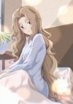  1girl blue_dress blue_eyes brown_hair closed_mouth code_geass dress eyebrows_visible_through_hair hair_intakes harikonoma highres long_hair long_sleeves looking_at_viewer nunnally_lamperouge shiny shiny_hair sitting smile solo striped striped_dress under_covers very_long_hair 