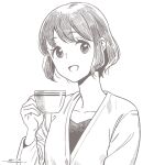  1girl black_hair cardigan collarbone commentary_request cup dated eyebrows_visible_through_hair holding holding_cup horikou monochrome open_mouth shima_saki signature yurucamp 