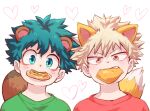  2boys alternate_costume animal_ears bakugou_katsuki bangs blonde_hair commentary_request cookie eyebrows_visible_through_hair food food_in_mouth fox_ears fox_tail freckles green_eyes green_shirt heart kemonomimi_mode looking_at_viewer male_focus mouth_hold multiple_boys portrait raccoon_boy raccoon_ears raccoon_tail red_eyes red_shirt shirt simple_background tail tonomayo v-shaped_eyebrows white_background 