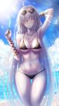  1girl absurdres bangs bare_shoulders beach bikini black_bikini blue_sky blush breasts cleavage collarbone eyewear_on_head fate/grand_order fate_(series) food highres huge_filesize jeanne_d&#039;arc_(alter)_(fate) jeanne_d&#039;arc_(fate)_(all) large_breasts long_hair looking_to_the_side navel one_eye_closed penguintake popsicle silver_hair sky sunglasses swimsuit thighs yellow_eyes 