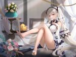  1girl azur_lane bangs bare_legs barefoot black_nails black_sailor_collar blush breasts bridal_gauntlets closed_mouth commentary_request crossed_legs dress eyebrows_visible_through_hair feet feet_up flower foot_hold formidable_(azur_lane) formidable_(timeless_classics)_(azur_lane) full_body hair_between_eyes hair_ribbon hand_on_own_chest highres indoors knees_up large_breasts legs long_hair looking_at_viewer manjuu_(azur_lane) maruko_le official_alternate_costume pink_flower plant potted_plant red_eyes ribbon sailor_collar sitting solo toenail_polish toes twintails veil very_long_hair white_dress white_flower white_hair 