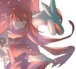  1boy age_progression ahoge alternate_costume black_gloves closed_mouth gen_3_pokemon gloves gopan_(pkghnman) highres jacket looking_at_viewer male_focus medium_hair pokemon pokemon_(game) pokemon_hgss purple_eyes rainbow red_hair salamence scarf serious sidelocks signature silver_(pokemon) simple_background sketch solo white_background 