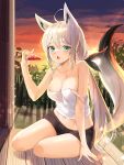  1girl absurdres ahoge animal_ear_fluff animal_ears aqua_eyes bare_arms bare_shoulders black_shorts braid breasts camisole cleavage crop_top fang food fox_ears fox_girl fox_tail gradient_sky hair_ribbon hand_up highres holding holding_food hololive lillly long_hair looking_at_viewer low_ponytail medium_breasts midriff open_mouth popsicle ribbon shirakami_fubuki shirt short_shorts shorts sitting sky sleeveless sleeveless_shirt solo spaghetti_strap stomach strap_slip sunset tail tail_raised thighs veranda very_long_hair virtual_youtuber watermelon_bar white_hair white_shirt yokozuwari 