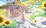  1girl :d animal_bag animal_ears arms_up bag bangs bare_arms bare_shoulders blue_bow blush bow breasts brown_eyes brown_headwear bunny_ears commentary_request day dress ears_through_headwear eyebrows_behind_hair fence field floating_hair flower flower_field gotyou hands_on_headwear hat hat_bow long_hair looking_at_viewer mochizuki_himari open_mouth outdoors shoulder_bag sleeveless sleeveless_dress small_breasts smile solo straw_hat sunflower uni_create very_long_hair virtual_youtuber white_dress yellow_flower 