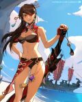  1girl alternate_costume bare_shoulders beach beidou_(genshin_impact) bikini blue_sky breasts brown_hair chinese_clothes claymore_(sword) cleavage cloud eyepatch fingerless_gloves genshin_impact gloves hair_ornament hair_over_one_eye hair_stick hairpin hand_on_hip holding holding_sword holding_weapon lanhacy long_hair navel one_eye_covered pirate_ship red_eyepatch red_gloves sailing_ship sand ship shore sky smile standing swimsuit sword thighs water watercraft weapon 