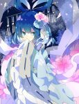  1girl adapted_costume bangs blue_eyes blue_flower blue_hair blue_kimono covering_mouth eyebrows_behind_hair flower flower_request hagoromo hair_flower hair_ornament hair_rings hair_stick hands_up highres japanese_clothes kaku_seiga kimono looking_to_the_side nikorashi-ka pink_flower ribbon-trimmed_sleeves ribbon_trim shawl short_hair solo touhou upper_body wide_sleeves 