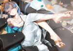  1girl artist_name azur_lane bangs barefoot blue_eyes blue_hair breasts champagne_(azur_lane) champagne_(lapis_lazuli&#039;s_first_dream)_(azur_lane) chinese_commentary cleavage collarbone commentary_request eyebrows_visible_through_hair feet fingernails full_body hair_ornament hand_up highres holding holding_hair horns japanese_clothes jewelry kimono legs_up long_hair looking_at_viewer lying manjuu_(azur_lane) medium_breasts necklace obi off_shoulder official_alternate_costume on_back oshin0_(zheng) parted_lips revision sarashi sash single_bare_shoulder soles solo toenails toes white_kimono 
