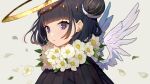  angel black_hair close flowers gray halo leaves original petals purple_eyes short_hair wings yuu_(higashi_no_penguin) 