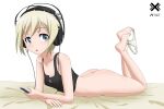  1girl absurdres acrux ass black_tank_top blonde_hair blue_eyes blush bottomless breasts collarbone erica_hartmann eyebrows_visible_through_hair feet headphones highres looking_at_viewer lying on_stomach open_mouth panties panties_removed shiny shiny_hair shiny_skin short_hair simple_background small_breasts soles solo strike_witches tank_top the_pose underwear white_background white_panties world_witches_series 