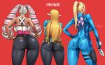  arms_(game) ass blonde_hair bodysuit braids breasts computer dark_skin garter gray_hair gun logo long_hair metroid onomeshin pointed_ears ponytail princess_zelda red samus_aran signed skintight the_legend_of_zelda twintails twintelle_(arms) weapon wristwear 