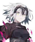  1girl bangs breasts chain cloak eyebrows_behind_hair eyebrows_visible_through_hair fate/grand_order fate_(series) hair_between_eyes headpiece highres jeanne_d&#039;arc_(alter)_(fate) jeanne_d&#039;arc_(fate)_(all) short_hair silver_hair simple_background smile solo upper_body uryu0270 white_background yellow_eyes 