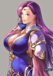 1girl absurdres artist_name breasts brunnya_(fire_emblem) cape cleavage dated fire_emblem fire_emblem:_the_binding_blade grey_background grin highres large_breasts long_hair looking_at_viewer purple_eyes purple_hair sideboob smile solo temporalchronos upper_body 