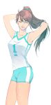  1girl aqua_shorts armpits arms_up bare_shoulders blue_ribbon breasts brown_hair closed_eyes closed_mouth collarbone cowboy_shot doodoobdoo eyebrows_visible_through_hair eyelashes genderswap genderswap_(mtf) haikyuu!! hair_flip hair_ribbon jersey long_hair medium_breasts oikawa_tooru_(haikyuu!!) pink_lips ponytail ribbon short_shorts shorts smile solo sportswear volleyball_uniform white_background 