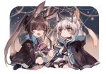  2girls amiya_(arknights) animal_ears arknights bangs blush book brown_hair bunny_ears bunny_tail cat_ears cat_girl cat_tail chibi closed_eyes cravat fingerless_gloves gloves green_eyes happy highres hood hood_down hooded_jacket infection_monitor_(arknights) jacket kakuuringo long_hair multiple_girls open_mouth ponytail rabbit_girl rosmontis_(arknights) sample silver_hair tail 