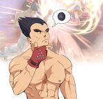  2boys 3d baseball_cap black_hair blue_eyes breasts brown_hair cleavage francisco_mon gloves hat highres male_focus mishima_kazuya mother_(game) mother_2 multiple_boys muscular ness_(mother_2) pants red_eyes scar shirt shirtless short_hair simple_background striped striped_shirt super_smash_bros. tekken thick_eyebrows 