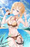  1girl beach bikini blonde_hair blue_eyes blue_sky braid breasts brown_bikini cleavage cloud coconut coconut_tree cup day disposable_cup drinking_straw earrings hair_ornament heart heart_earrings highres hololive hololive_english jewelry large_breasts lisa_78 looking_at_viewer medium_hair monocle_hair_ornament ocean outdoors palm_tree plaid plaid_bikini pocket_watch sky smile solo swimsuit syringe tea tree twin_braids virtual_youtuber watch watson_amelia 