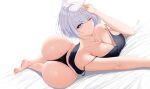  1girl animal_ears ass azur_lane bare_shoulders barefoot blue_eyes breasts cleavage collarbone eyebrows_visible_through_hair fox_ears hand_in_hair highres kaga_(azur_lane) large_breasts looking_at_viewer lying on_bed on_stomach one_eye_closed panties short_hair solo underwear white_hair xi_ying 