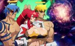  1girl 2boys blonde_hair blue_hair breast_grab breasts cleavage closed_mouth glasses gloves grabbing hair_between_eyes halo highres huge_breasts kamina_(ttgl) kittan_bachika long_hair mario_constantino_aviles multiple_boys muscular muscular_male parody pectorals red_hair shuumatsu_no_valkyrie space spoilers tattoo tengen_toppa_gurren_lagann white_gloves yellow_eyes yoko_littner 