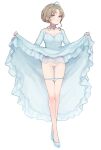  1girl absurdres bare_legs blue_choker blue_dress blue_eyes blue_footwear blue_panties blush brown_hair choker cinderella cinderella_(grimm) closed_mouth clothes_lift commentary_request dress dress_lift embarrassed eyebrows_visible_through_hair frilled_dress frills full_body garan_co hair_bun highres lifted_by_self looking_at_viewer panties panty_pull pussy simple_background solo standing sweatdrop tiara uncensored underwear white_background 