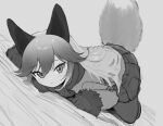  1girl animal_ears blush bow bowtie dutch_angle eyebrows_visible_through_hair fox_ears fox_girl fox_tail fur_trim gloves greyscale highres kemono_friends kona_ming long_hair long_sleeves looking_at_viewer lying monochrome on_stomach pantyhose pleated_skirt silver_fox_(kemono_friends) skirt solo tail 