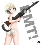  1girl absurdres acrux ass bare_shoulders black_sports_bra blue_eyes blush breasts butt_crack dog_tail erica_hartmann eyebrows_visible_through_hair grin gun highres looking_at_viewer panties rifle shiny shiny_hair shiny_skin short_hair small_breasts smile solo sports_bra standing strike_witches tail underwear weapon white_panties world_witches_series 