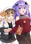  2girls bag bare_shoulders blue_eyes blush braid commentary_request hairband handbag highres jacket jewelry long_hair multiple_girls naoya_(naoya_ee) neptune_(series) open_mouth orange_hair orange_heart pendant power_symbol purple_hair purple_heart shoulder_bag skirt smile sunglasses surprised symbol-shaped_pupils twin_braids very_long_hair visor_cap 