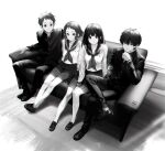  2boys 2girls artist_logo bangs brown_eyes chitanda_eru collarbone fukube_satoshi gakuran hair_between_eyes hand_up highres hyouka ibara_mayaka jacket kneehighs loafers long_hair looking_at_viewer mery_(yangmalgage) multiple_boys multiple_girls neckerchief oreki_houtarou pants pleated_skirt purple_eyes red_eyes sailor_collar school_uniform serafuku shirt shoes short_hair sitting skirt spot_color 