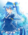  1girl :o absurdres armlet bangs blue_eyes blue_gloves blue_hair blue_jacket blue_legwear blue_shirt blue_skirt blue_suit blue_tail blue_theme blurry blurry_background buttons collared_shirt commentary_request dragon_tail eyebrows_visible_through_hair frilled_skirt frilled_sleeves frills gloves hair_between_eyes hand_up highres jacket japari_symbol japari_symbol_print kemono_friends long_hair mitorizu_02 necktie one_eye_closed pantyhose partial_commentary pleated_skirt seiryuu_(kemono_friends) shirt skirt solo tail twintails very_long_hair white_neckwear 