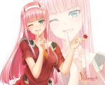  1girl artist_name bangs blue_eyes blunt_bangs breasts candy collarbone commentary darling_in_the_franxx eyebrows_visible_through_hair finger_to_mouth food grin hairband hands_up holding holding_candy holding_food holding_lollipop horns jacket lollipop long_hair medium_breasts nail_polish one_eye_closed pink_hair red_jacket red_nails short_sleeves shushing signature simple_background smile solo upper_body very_long_hair villyane white_background white_hairband zero_two_(darling_in_the_franxx) zoom_layer 