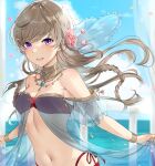  1girl :d bangs bare_shoulders bikini blue_sky blush bracelet braid breasts brown_hair cleavage cloud collar cowboy_shot curtains dancer day eyebrows_visible_through_hair flower hair_flower hair_ornament haru_(nakajou-28) highres holding_shawl jewelry long_hair looking_at_viewer navel necklace ocean open_mouth original purple_eyes railing red_bikini see-through shawl side-tie_bikini sidelocks sky small_breasts smile solo standing stomach swept_bangs swimsuit twin_braids upper_teeth veil 