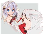  1girl absurdres bangs bare_shoulders blue_eyes closed_mouth full_body grey_background hair_between_eyes hat highres honkai_(series) honkai_impact_3rd jingdong_ssa looking_at_viewer side_ponytail simple_background smile solo theresa_apocalypse theresa_apocalypse_(celestial_hymn) thighhighs white_hair white_legwear 