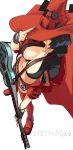  1girl arc_system_works black_hair boots breasts cleavage collarbone collared_shirt dondobi electric_guitar fingerless_gloves from_above glasses gloves guilty_gear guilty_gear_strive guitar hat highres i-no instrument large_breasts middle_finger mole mole_above_mouth red_headwear shirt short_hair solo thigh_boots thighhighs witch_hat 