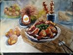 chopstick_rest chopsticks commentary_request food food_focus hodara_kika kebab meat napkin no_humans original placemat plate scotch_egg traditional_media watercolor_(medium) 