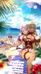  4girls absurdres alcohol alternate_costume beach beach_chair beach_umbrella bikini blonde_hair blush breasts buried cleavage cluseller coconut commission commissioner_upload dark-skinned_female dark_skin fae_(fire_emblem) fire_emblem fire_emblem:_the_binding_blade fruit_cup green_eyes hat heterochromia highres huge_filesize idunn_(fire_emblem) igrene_(fire_emblem) large_breasts long_hair manakete multiple_girls one-piece_swimsuit open_mouth pink_hair purple_hair red_eyes red_swimsuit shore skeb_commission sky sophia_(fire_emblem) straw_hat swimsuit thighs umbrella yellow_eyes 