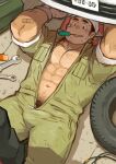  2boys abs bandaid bandaid_on_arm bandaid_on_cheek bara blush bulge facial_hair goatee head_scarf kuro_nezumi_inu leg_between_thighs long_sideburns looking_at_another male_cleavage male_focus male_pubic_hair mature_male mouth_hold multiple_boys muscular muscular_male navel navel_hair nipples open_clothes original overalls pectorals pov pubic_hair short_hair sideburns sleeves_rolled_up stomach teasing thick_eyebrows tire work_in_progress yaoi 