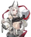  1girl absurdres arknights bare_shoulders black_choker black_gloves breasts choker cowboy_shot gloves groin hammer highres holding holding_hammer holding_weapon horns lan_xiezi large_breasts long_hair long_sleeves midriff mudrock_(arknights) navel pointy_ears red_eyes sarashi silver_hair simple_background solo standing stomach weapon white_background 