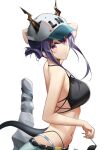  1girl arknights arm_behind_head bare_back bare_shoulders baseball_cap bikini black_bikini blue_hair blush ch&#039;en_(arknights) commentary_request dragon_horns dragon_tail female_tourist_c_(arknights) from_side hair_bun halterneck hat highleg highleg_bikini holding holding_eyewear horns horns_through_headwear looking_at_viewer looking_to_the_side navel partial_commentary ri_qing short_shorts shorts sidelocks simple_background solo sunglasses swimsuit tail white_background 