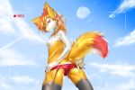  1girl absurdres aircraft airplane ancesra animal_ear_fluff animal_ears animal_nose artist_name ass back bangs battery_indicator black_fur blonde_hair blue_sky body_fur braixen breasts butt_crack cameltoe clothes_pull cloud condensation_trail cowboy_shot day flower fox_ears fox_girl fox_tail from_behind furry gen_6_pokemon hair_flower hair_ornament half-closed_eyes happy highres legs_apart lens_flare looking_at_viewer looking_back medium_hair moon multicolored_hair nipples one-piece_swimsuit orange_hair outdoors parted_lips patreon_username pokemon pokemon_(creature) recording red_flower red_hair red_swimsuit shiny shiny_clothes shiny_hair shiny_skin sky small_breasts smile snout solo standing streaked_hair swimsuit swimsuit_pull tail teeth topless viewfinder watermark web_address white_fur yellow_fur 