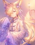  1boy animal_ears bangs blonde_hair clothing_request cowboy_shot eyebrows_behind_hair fox_tail granblue_fantasy hair_between_eyes hair_ornament hair_over_one_eye hair_ribbon hand_up kou_(granblue_fantasy) light_particles long_hair long_sleeves looking_at_viewer parted_lips ribbon shigaraki_(strobe_blue) sleeves_past_fingers sleeves_past_wrists solo symbol_commentary tail tail_ornament twitter_username wide_sleeves yellow_eyes 