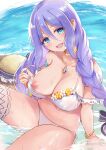 1girl bangs bare_shoulders beach bikini blue_eyes blush braid breasts collarbone commentary_request hair_between_eyes hat hat_removed headwear_removed highres jewelry konka large_breasts long_hair looking_at_viewer navel neck_ring necklace nipples one_breast_out open_mouth princess_connect! purple_hair shizuru_(princess_connect!) shore sitting smile solo straw_hat swimsuit thighs twin_braids wet white_bikini 