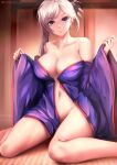  1girl absurdres bangs blue_eyes blue_kimono blush breasts cleavage fate/grand_order fate_(series) hair_ornament highres japanese_clothes kimono large_breasts long_hair looking_at_viewer miyamoto_musashi_(fate) navel pink_hair ponytail queasy_s swept_bangs undressing 