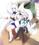  &gt;_&lt; 2girls animal_ears azur_lane black_legwear black_sailor_collar blue_eyes brain_freeze breasts closed_eyes eyeliner food fox_ears fox_girl fox_tail gloves half_gloves headache ice_cream japanese_clothes kaga_(azur_lane) kawakaze_(azur_lane) kimono kitsune kyuubi large_breasts makeup multiple_girls multiple_tails ribbon-trimmed_clothes ribbon-trimmed_sleeves ribbon_trim sailor_collar shaded_face spoon steed_(steed_enterprise) tail thighhighs white_hair white_kimono white_tail wide_sleeves 