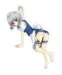  ass bad_id bad_pixiv_id bent_over cleaning garters izayoi_sakuya knife looking_back maid panties ribbon short_hair solo touhou umi_(umi02) underwear 