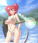  bad_id bad_pixiv_id bikini breasts cloud day fundoshi japanese_clothes large_breasts mountain ocean onozuka_komachi outdoors red_eyes red_hair river sanzu_river scythe sky solo swimsuit touhou tro two_side_up water 