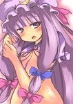  blush bow hat kuroto_(asgardh) long_hair nude patchouli_knowledge pink_bow purple_hair ribbon solo touhou 