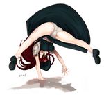  ass bad_id bad_pixiv_id black_footwear blue_eyes braid china_dress chinese_clothes dress full_body handstand hong_meiling long_hair panties red_hair ribbon rkrk short_sleeves simple_background solo spread_legs touhou twin_braids underwear white_background white_panties 